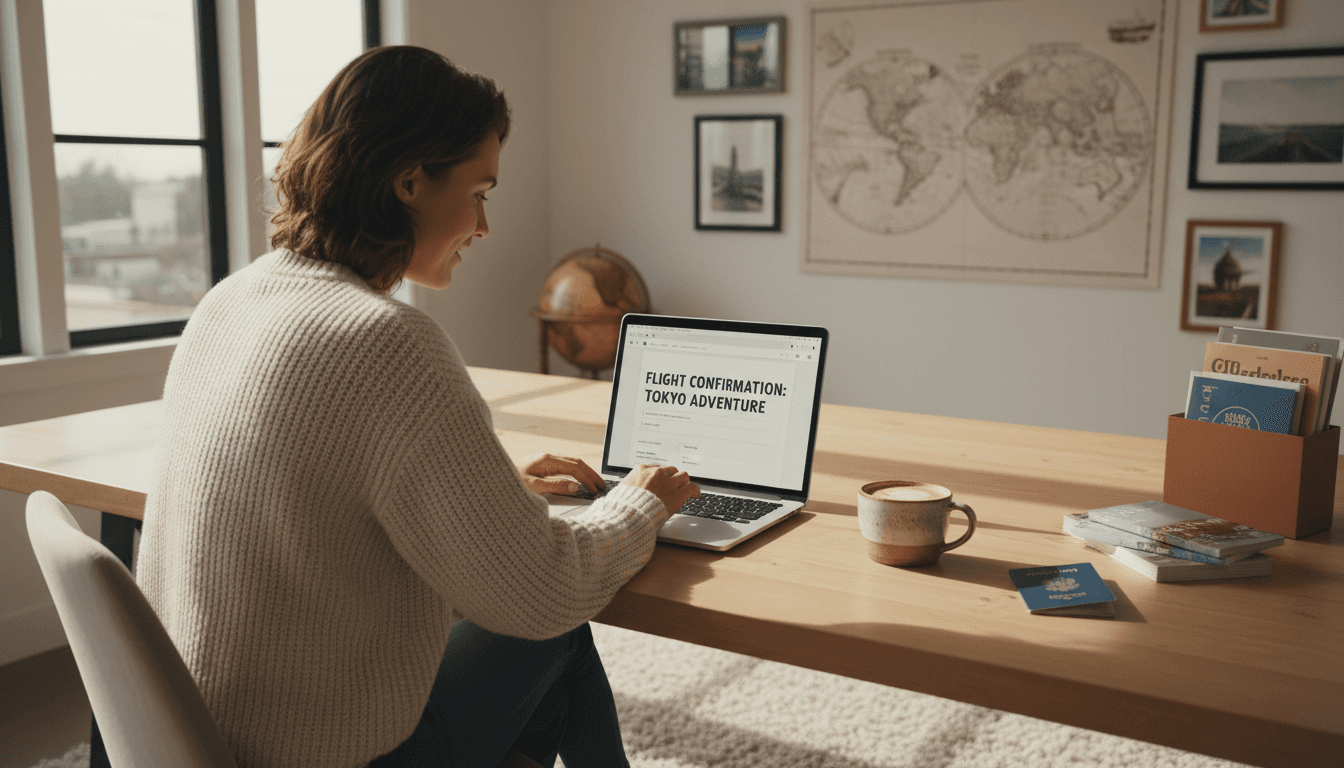 Profesional planificando un viaje personalizado en una laptop moderna con mapas del mundo y accesorios de viaje alrededor