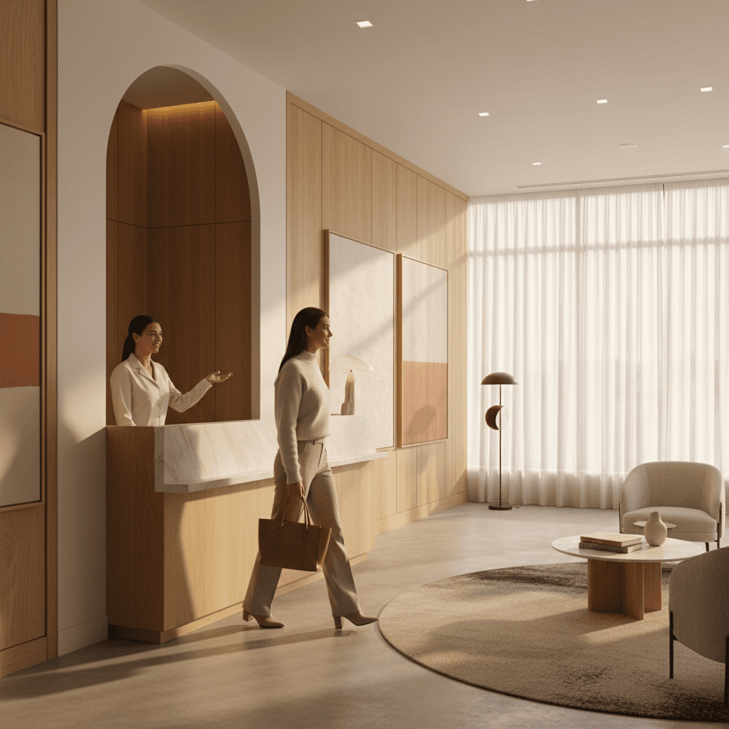 Persona ingresando a una recepción de hotel moderno y acogedor