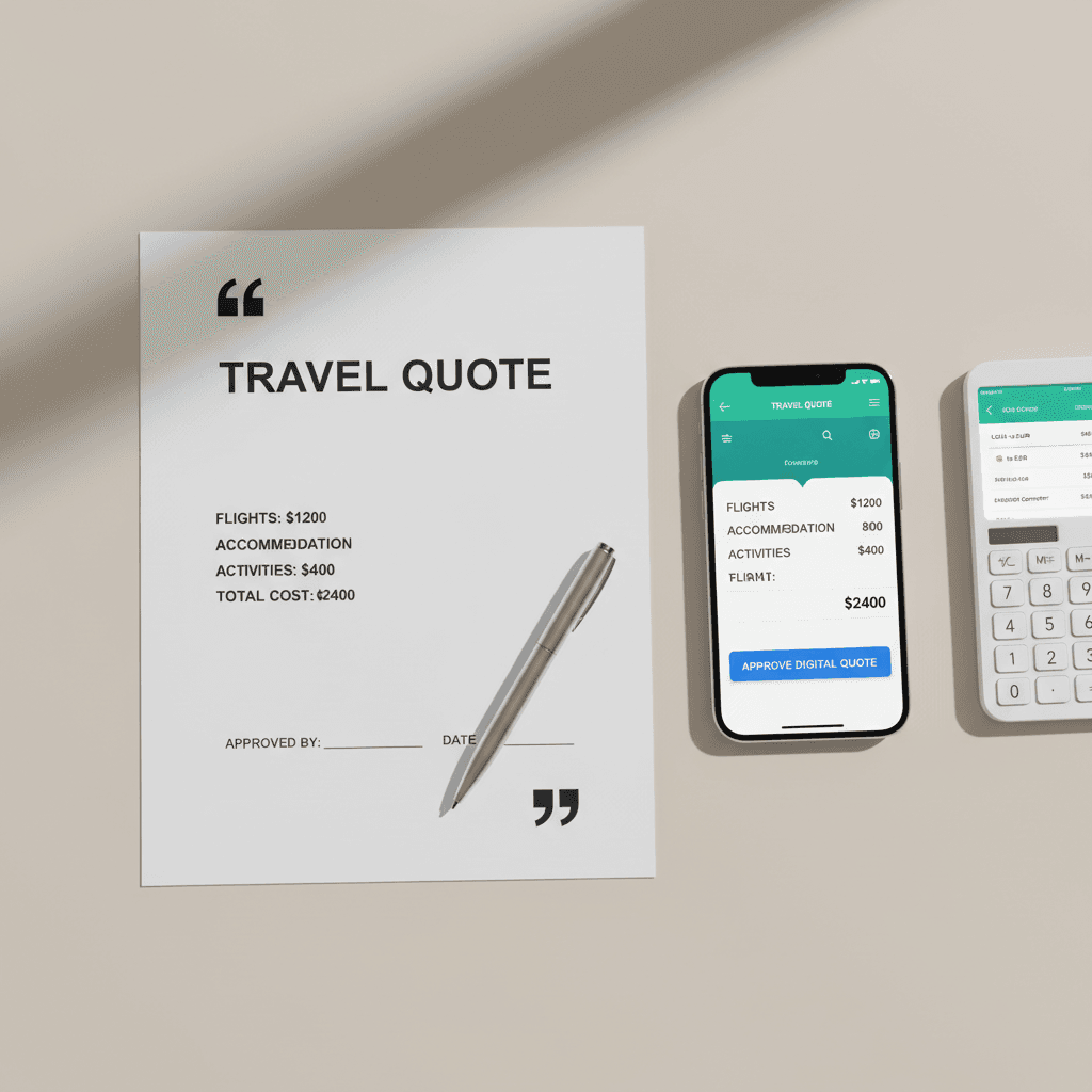 Cotización impresa y digital mostrando desglose de precios de viaje