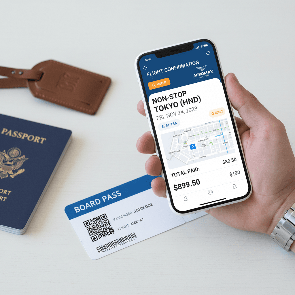 Pantalla de smartphone mostrando confirmación de vuelo y selección de asiento