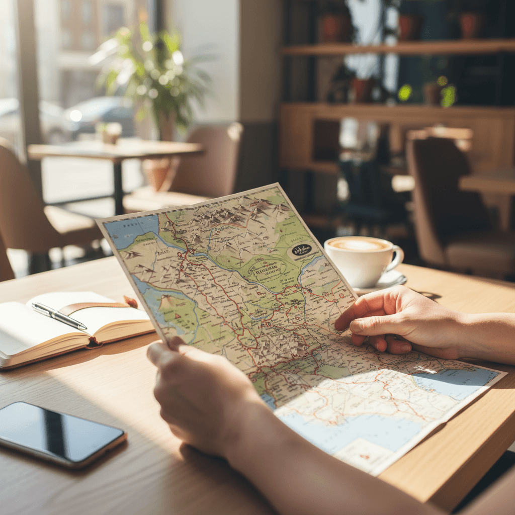 Manos sosteniendo un mapa de viaje y smartphone con interfaz de reserva de vuelos en escritorio de madera