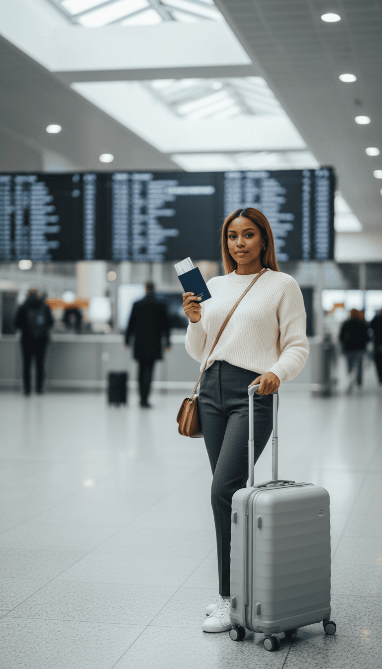 Viajero revisando confirmación de vuelo en terminal del aeropuerto