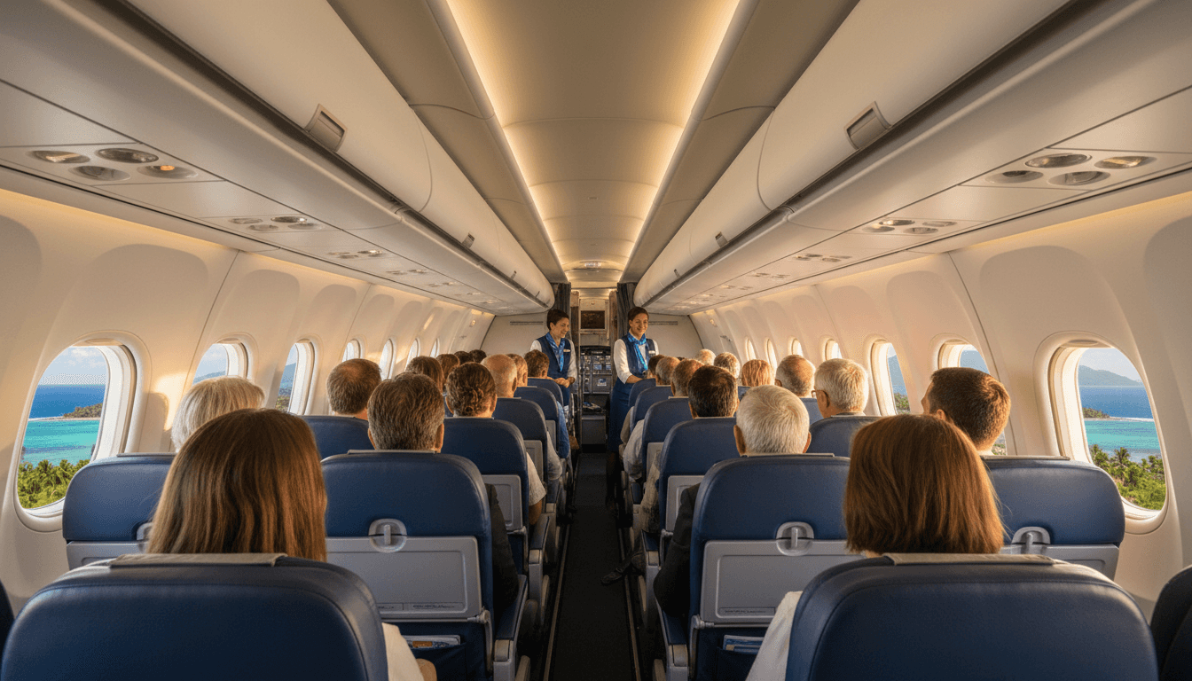 Diverse passengers boarding regional aircraft with ocean and island views visible through cabin windows during bright daylight