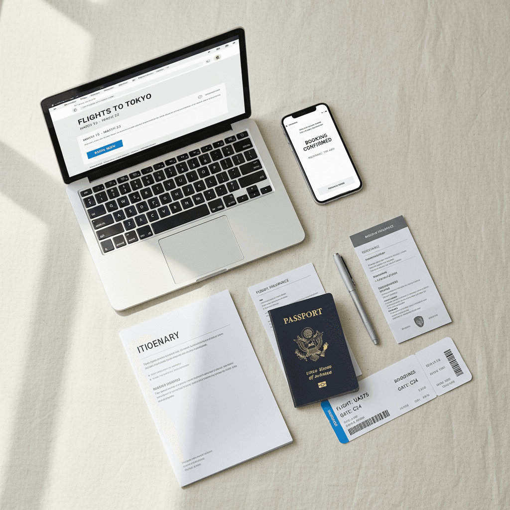 Documentos de viaje y pasaporte organizados sobre escritorio
