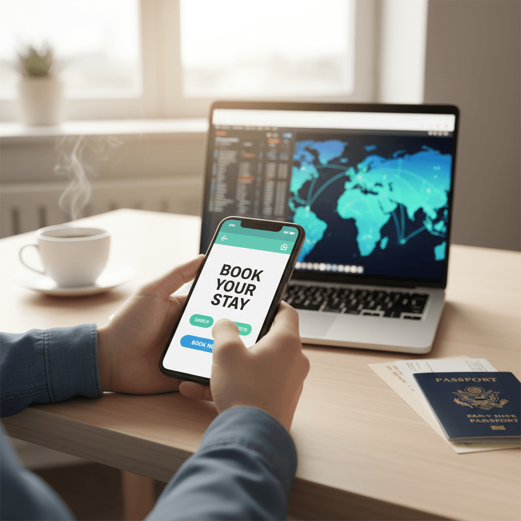 Persona confirmando reserva de vuelo en smartphone con pasaporte a la vista