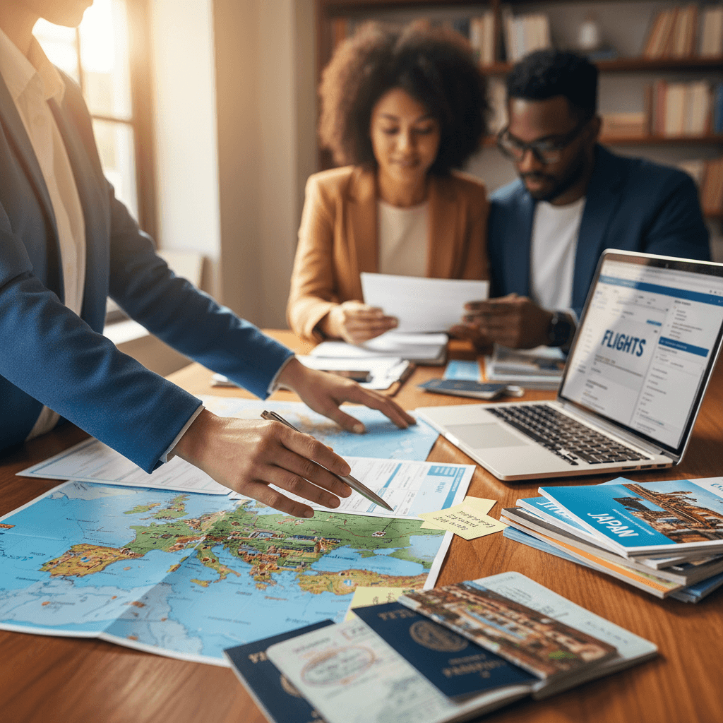 Consultor de viajes analizando itinerarios de vuelo en pantallas múltiples