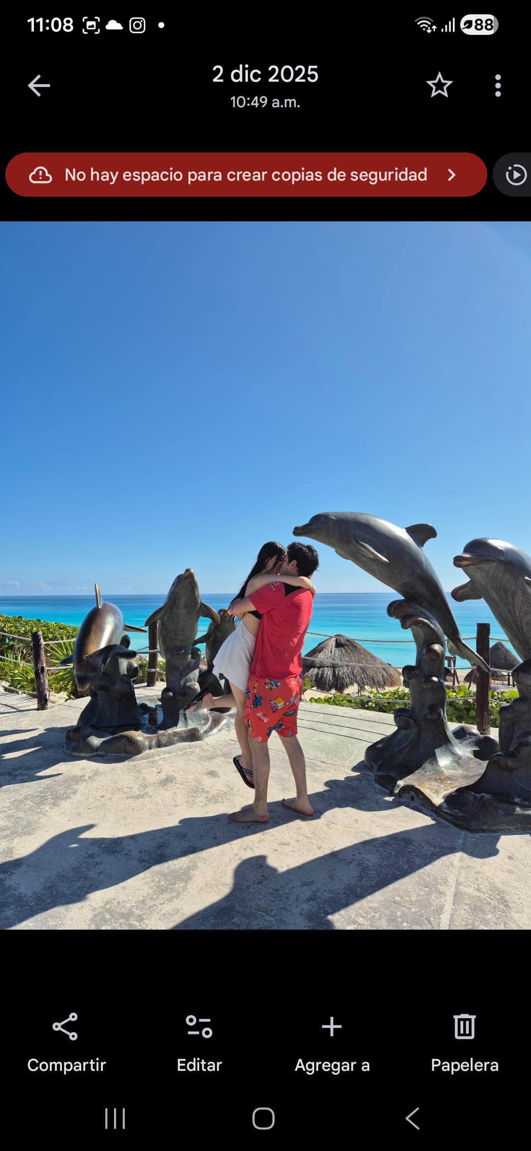 Pareja besándose entre esculturas de delfines frente al mar azul bajo un cielo despejado.