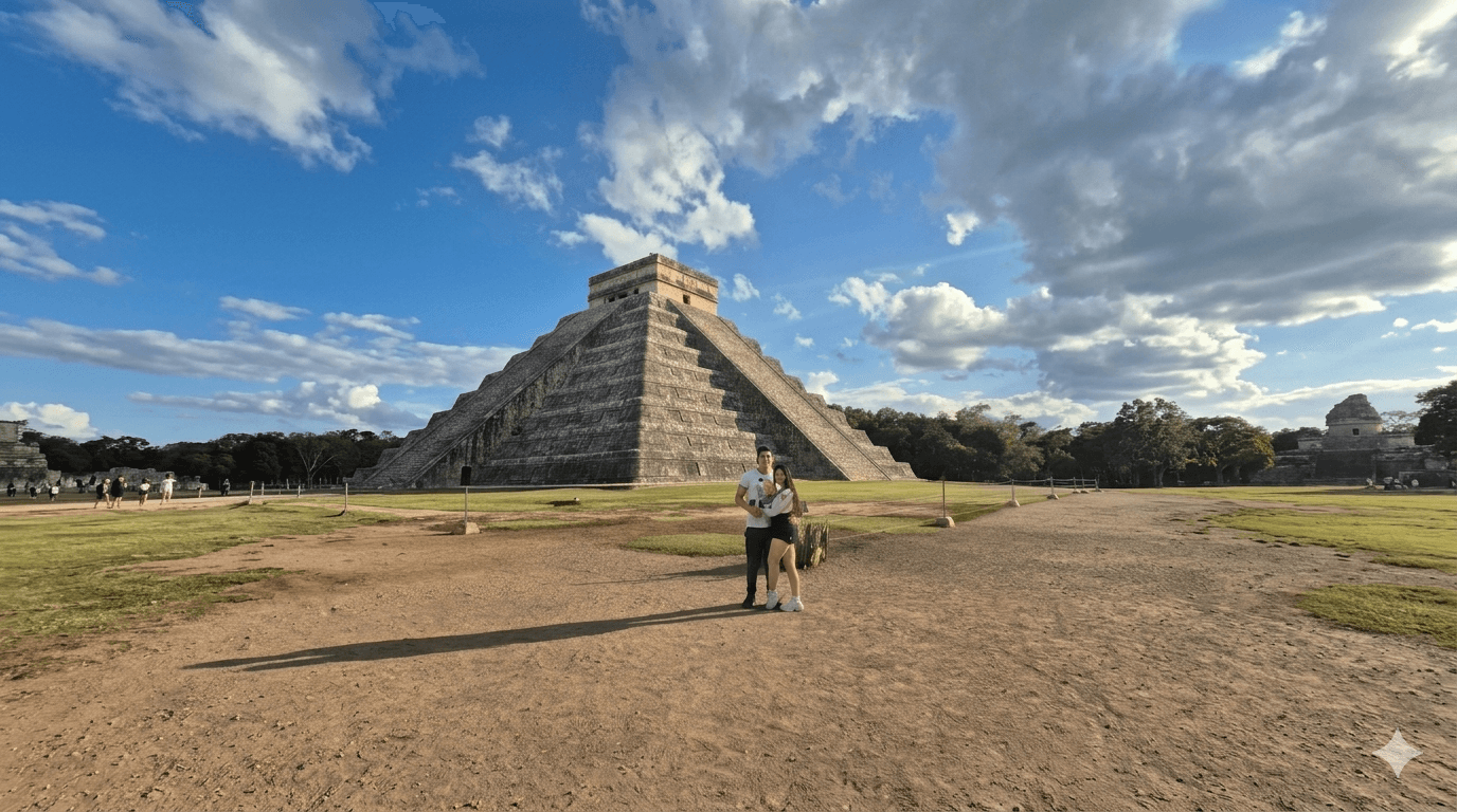 Pareja posando frente a la pirámide de Chichén Itzá bajo un cielo azul con nubes.